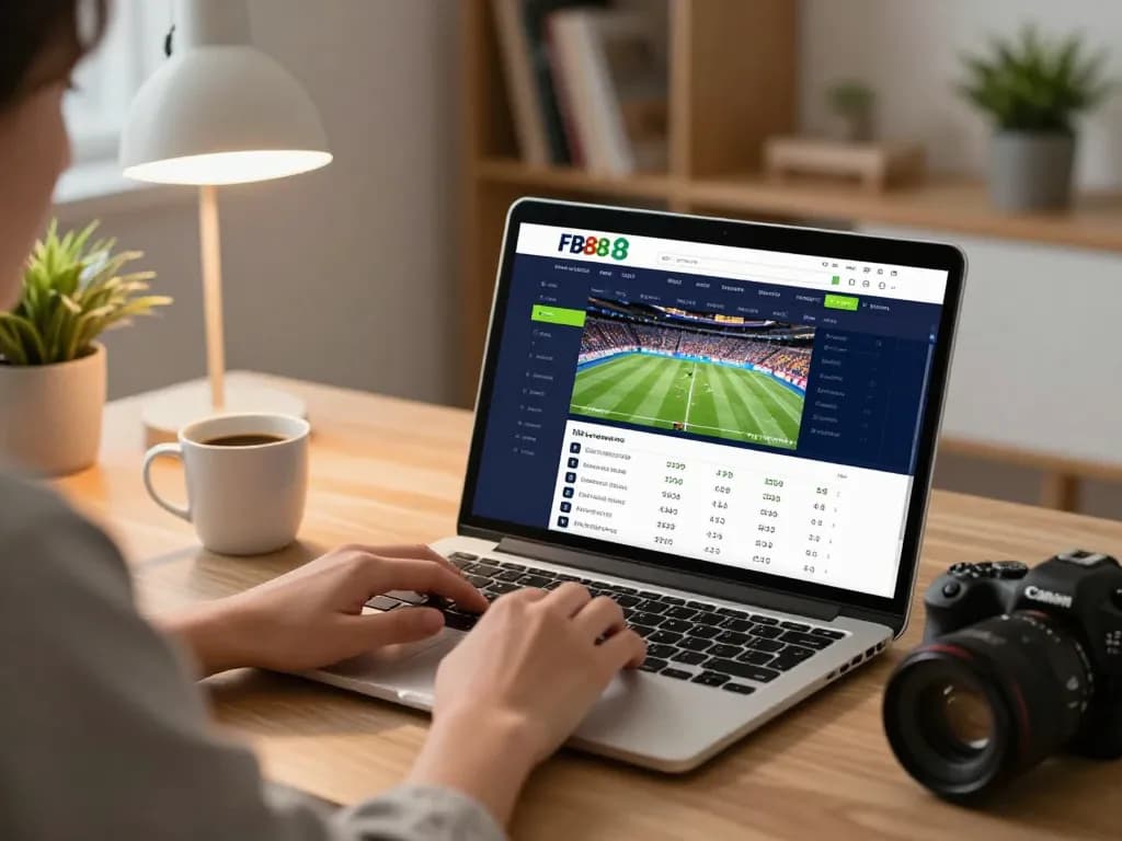 Person engaging with FB88's online sports betting platform, viewing live odds on laptop.
