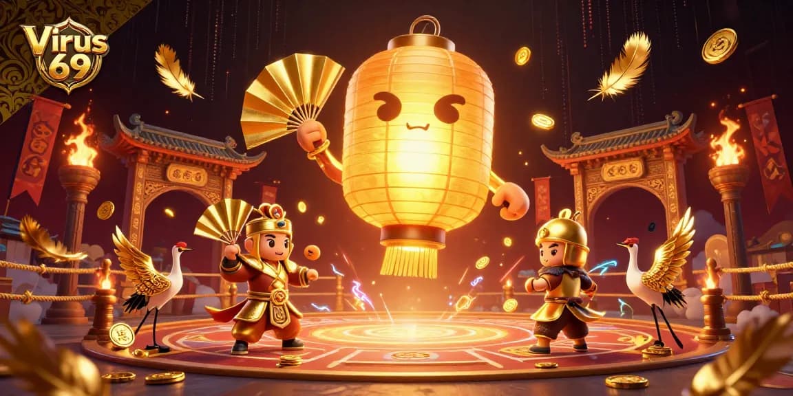 Engage with the thrilling experience of Virus 69's online casino featuring dynamic golden lanterns and gambling elements.