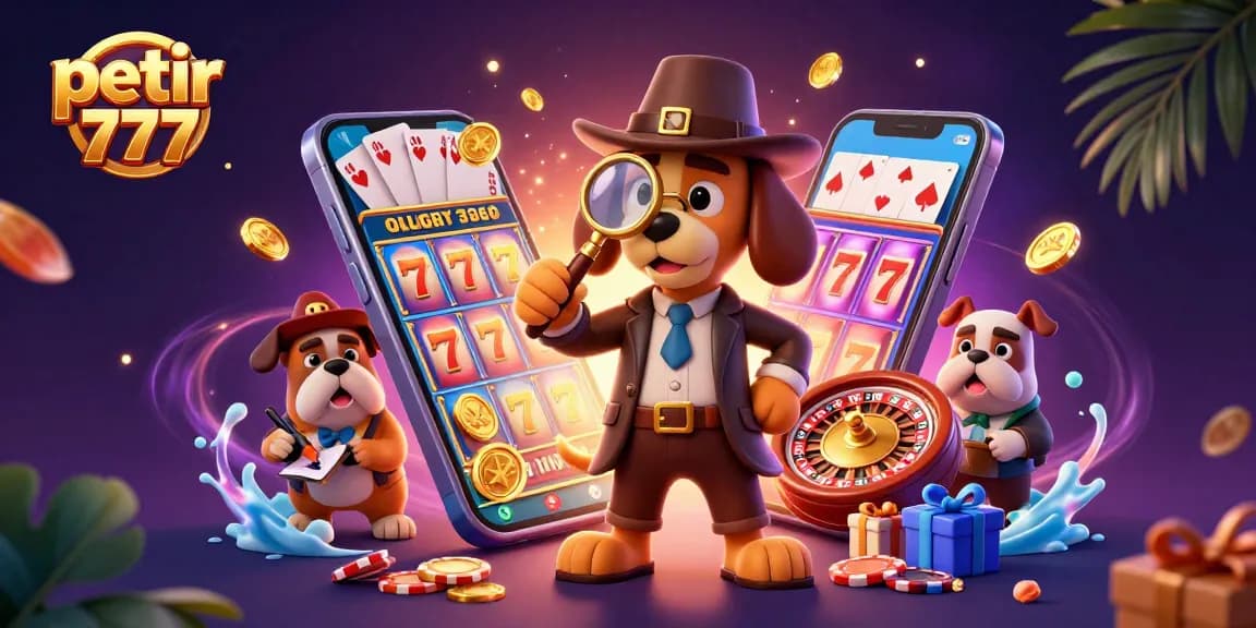Engage with petir 777's vibrant scene showcasing a detective and bulldog amidst exciting slot game clues.