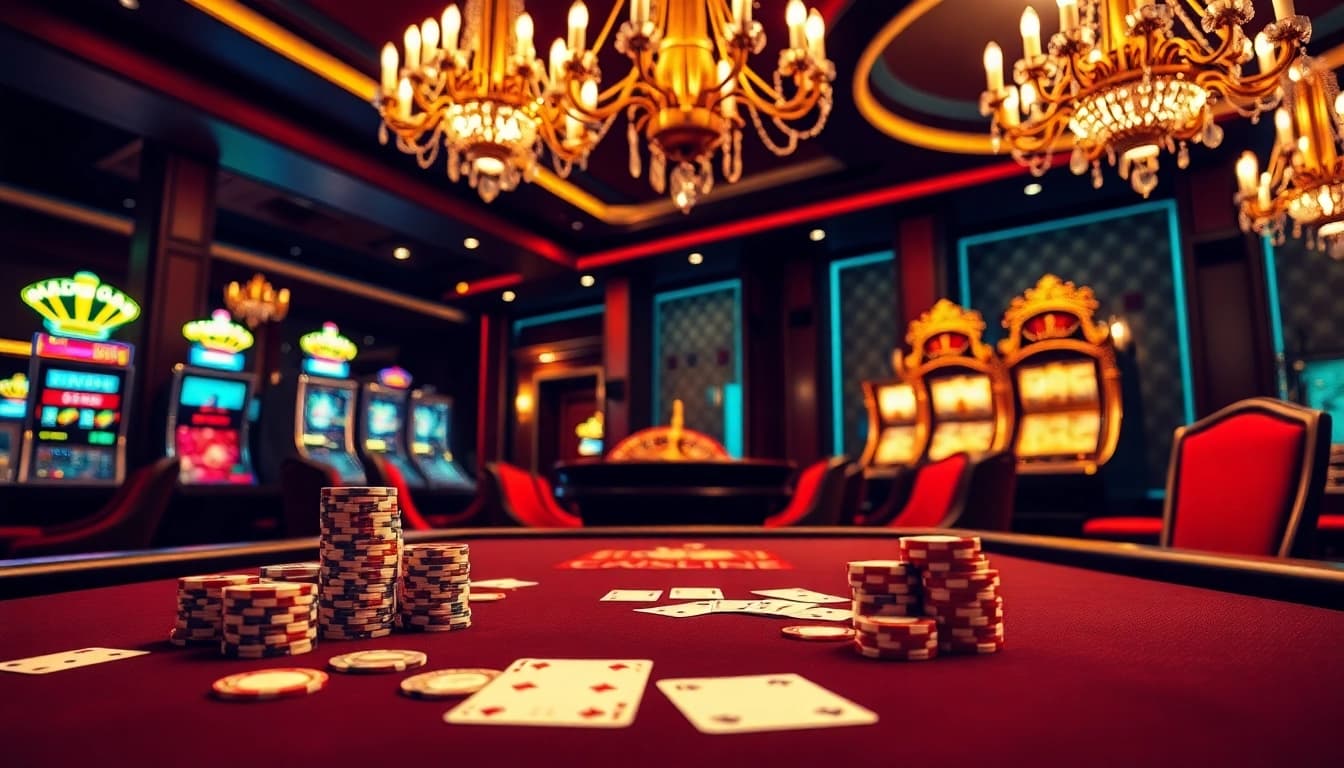 Engaging poker online scene showcasing a vibrant casino environment with poker chips and cards.