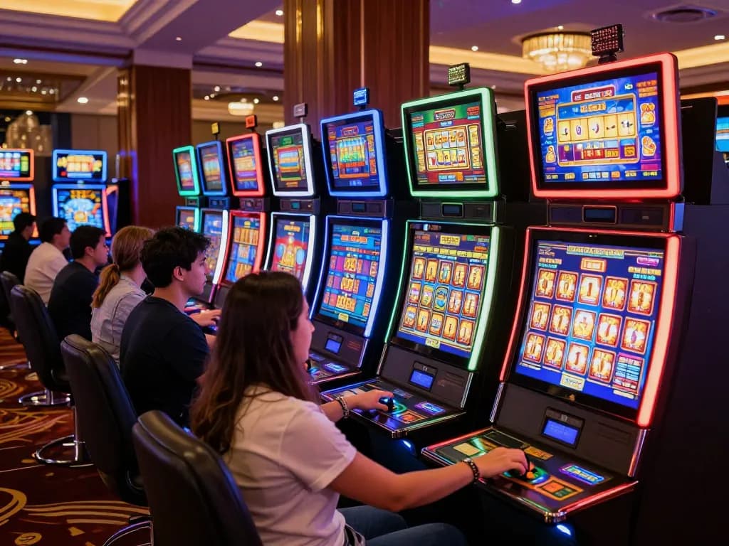 Players celebrating wins while playing vibrant slots at MMOO COM casino venue, showcasing excitement