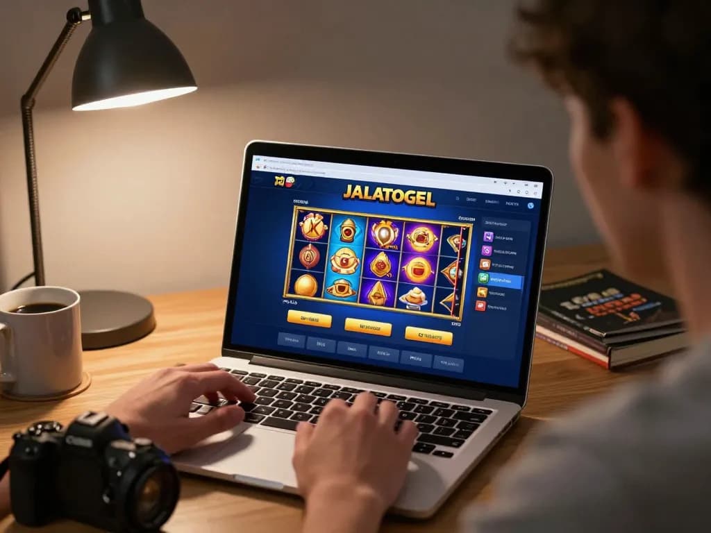 Pemain yang terlibat menjelajahi antarmuka slot online Jalatogel di laptop di kantor rumah yang nyaman
