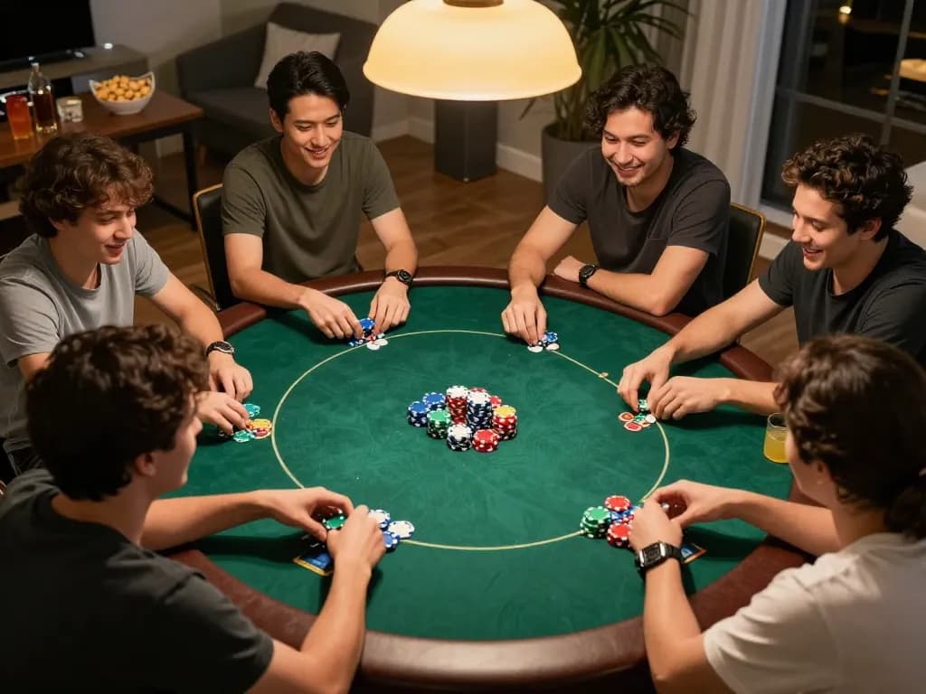 EV99 players engaging in a lively poker game with colorful chips and strategic bets.