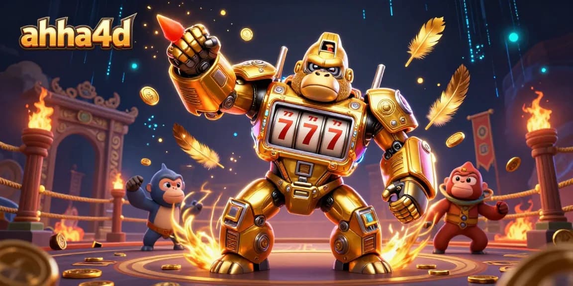 Catch the excitement with ahha4d's dynamic gaming scene featuring a golden gorilla mech and spinning slot reels.