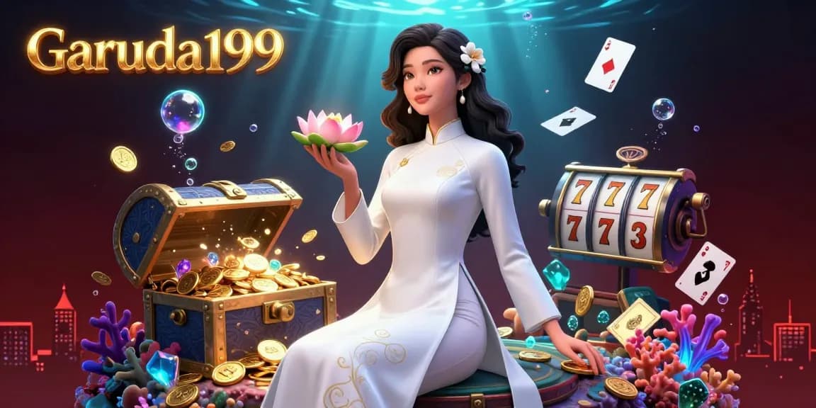 Garuda199 brings excitement with vibrant 3D casino illustration depicting slot elements and gold treasures.