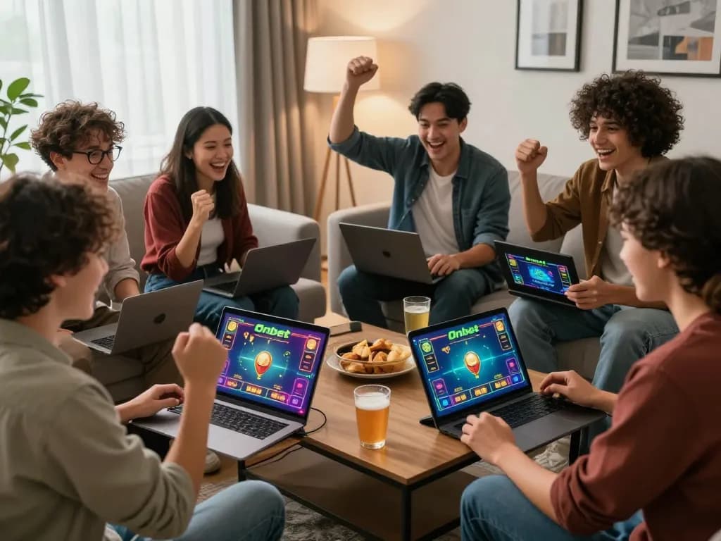 Exciting group of friends enjoying online betting experience at Onbet, showcasing their gaming devices and lively atmosphere.