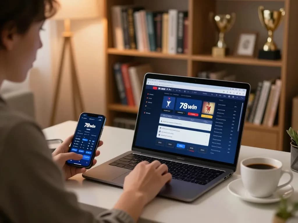 Engaging in sports betting on the 78win platform, showcasing a cozy home gambling setup with modern devices.