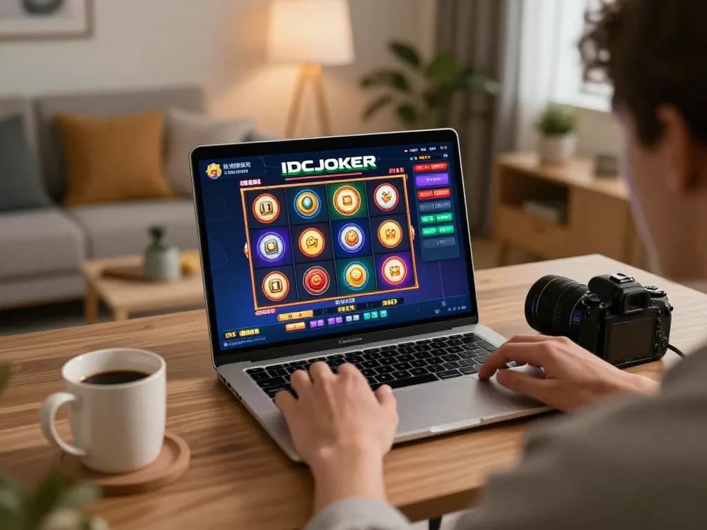 IDCJOKER player engaging with exciting slot gameplay on a laptop in a cozy home setting