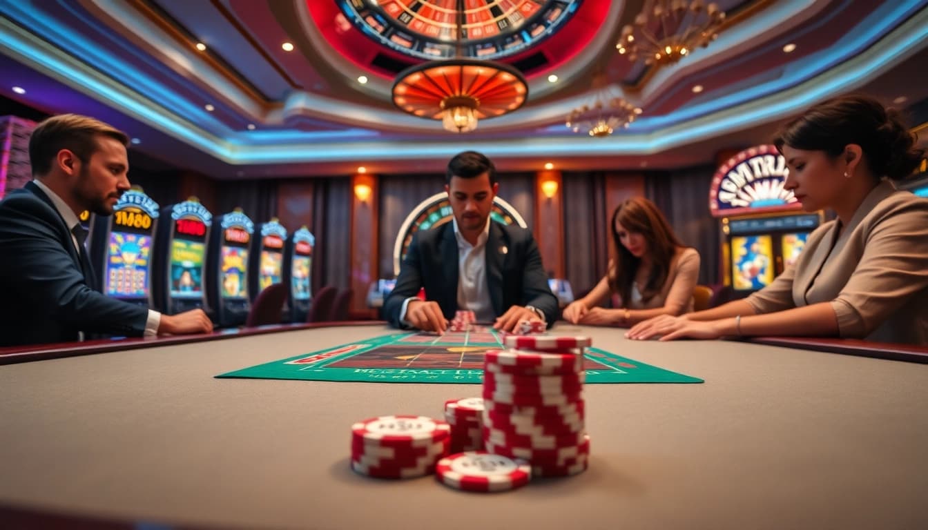 Engaged players at a vibrant MM88 poker table in a luxurious casino setting.