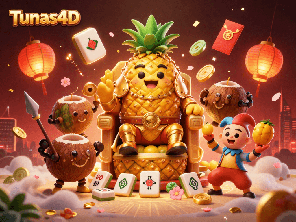 Tunas4D brings casino excitement to life with a cartoon pineapple king and vibrant mahjong tiles.