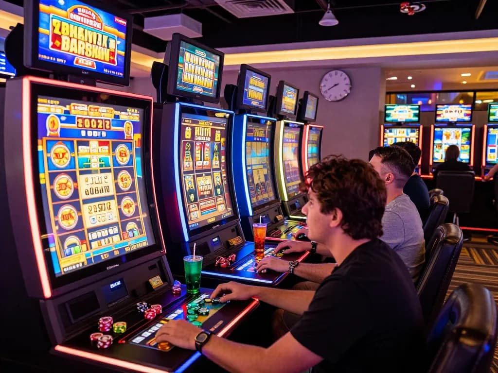 Exciting players engaging with slot machines at vegasslot77 online gaming in a vibrant lounge.