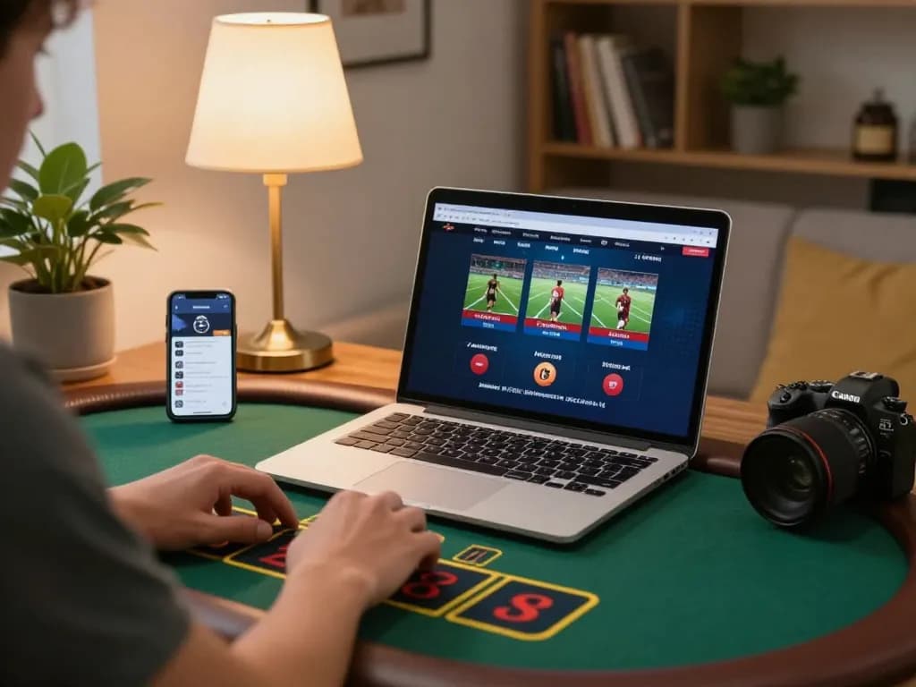 UGDEWA player placing strategic bets at live dealer blackjack on a laptop in cozy home.