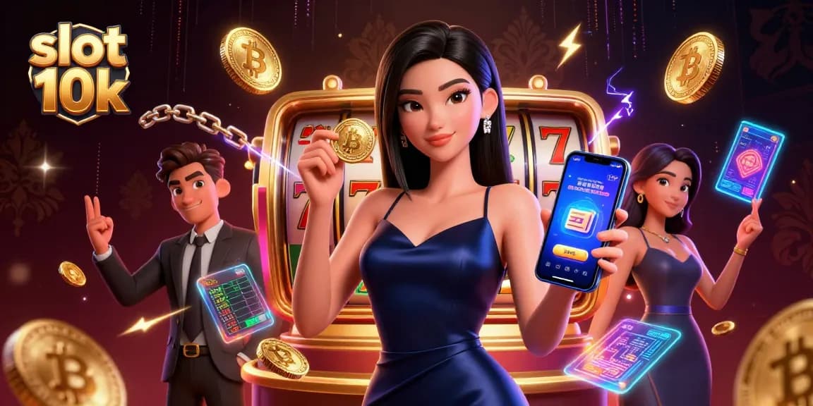 Experience thrilling gameplay with slot 10k as a stunning Asian woman engages with a casino app and golden chip.