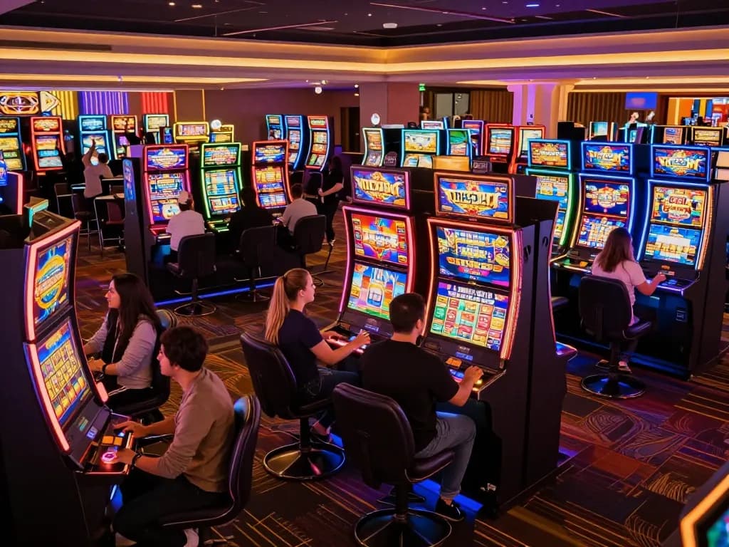 Pemain yang terlibat merasakan kegembiraan permainan slot dasi4d dalam suasana kasino yang semarak.