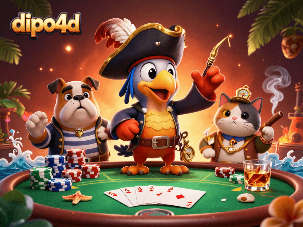 Experience exciting gameplay with dipo4d's vibrant 3D casino scene featuring poker action and colorful characters.