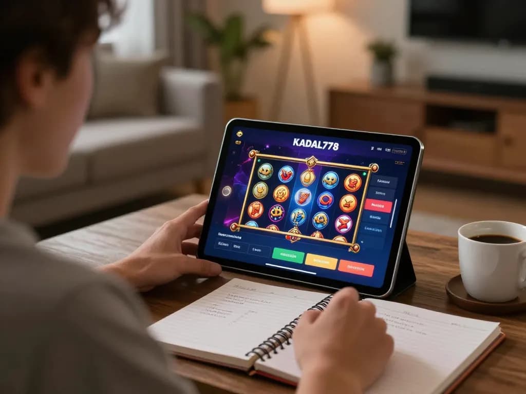 KADAL778 user enjoying interactive mobile gaming experience on tablet with strategy notebook.