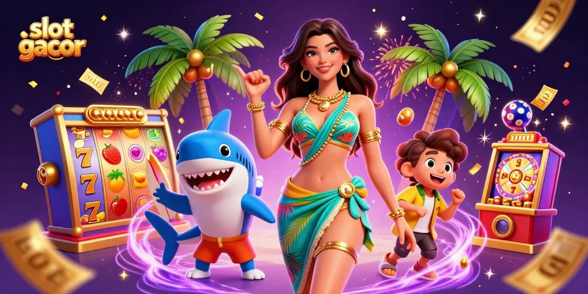 Experience high wins at slot gacor with vibrant colorful casino elements, jackpot symbols, and thrilling prizes.
