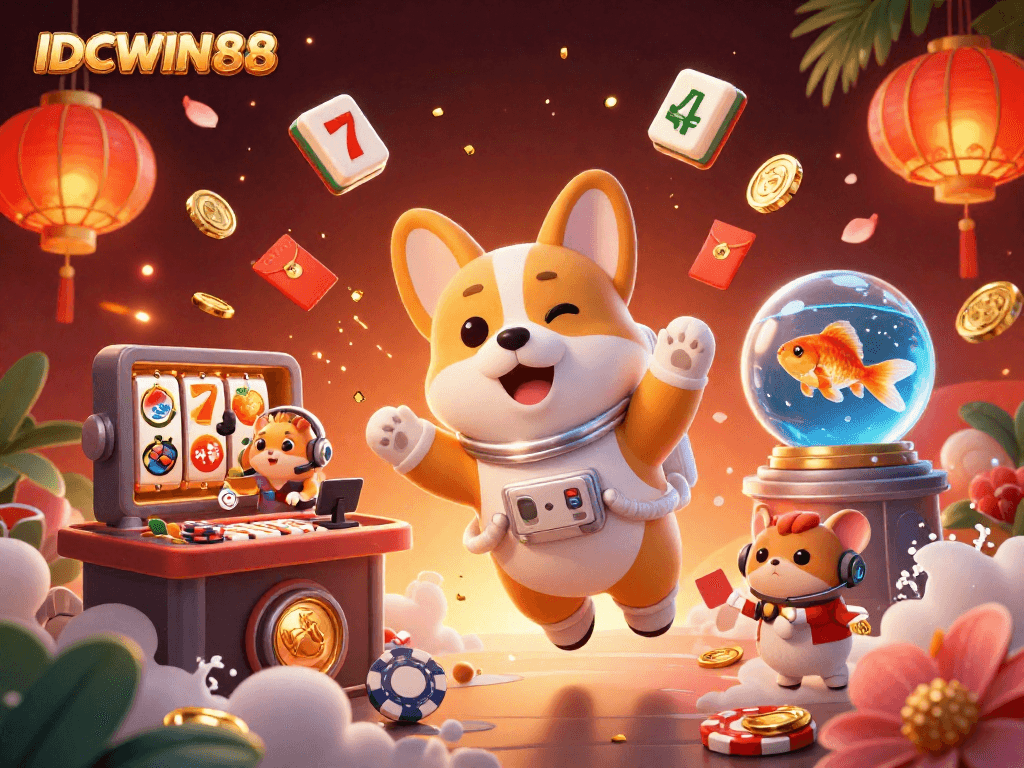 IDCWIN88 offers an engaging slot experience with a dynamic floating scene featuring a space-themed casino.