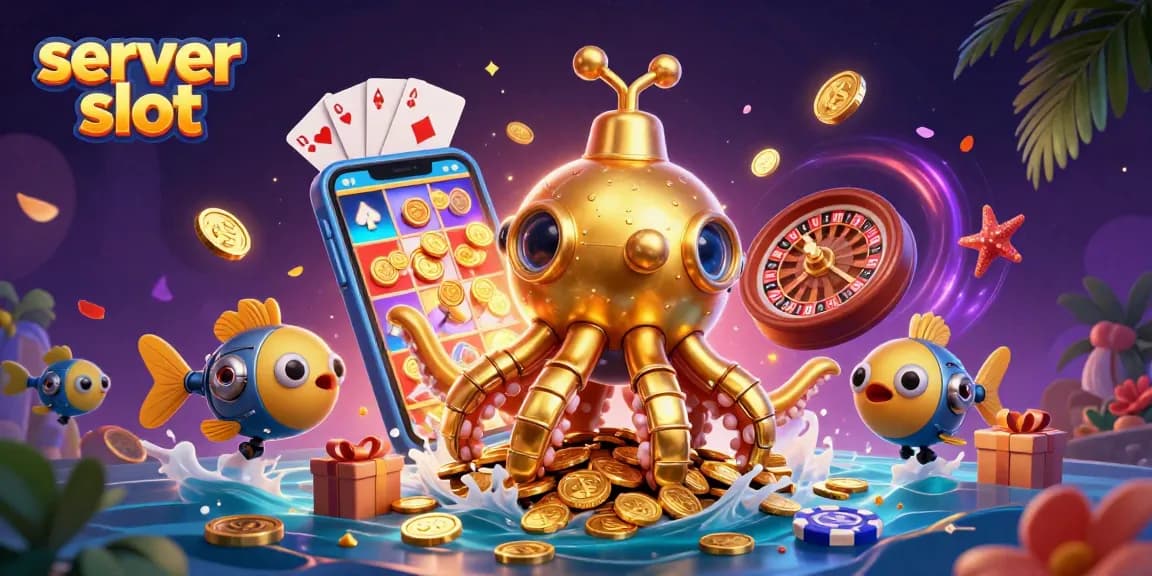 Experience dynamic gaming with server slot featuring a golden kraken submarine amidst colorful slots and poker elements.