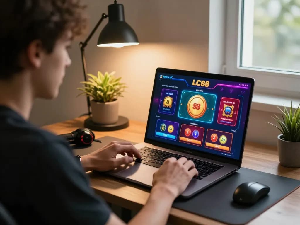 Engaging in strategic betting on LC88 casino games at a modern home office setup