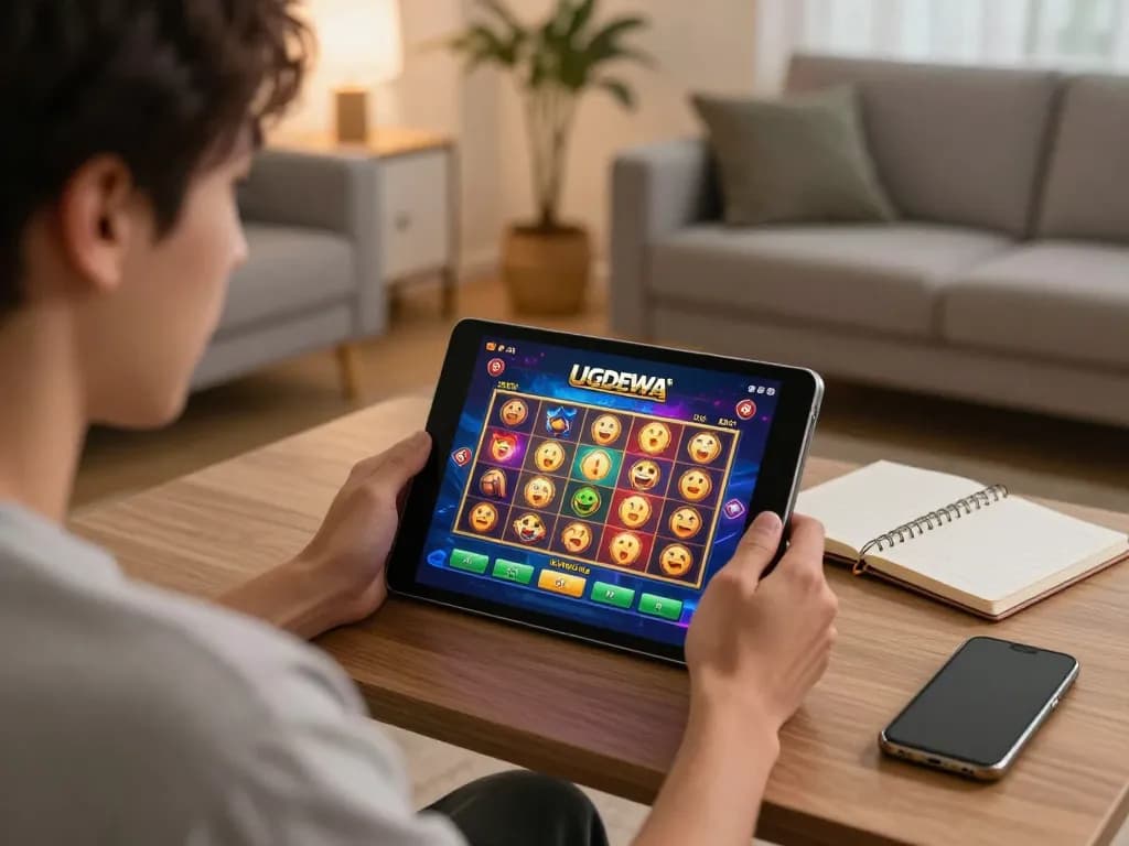 Player engaging with UGDEWA slot games on a tablet, showcasing strategic gaming approach.