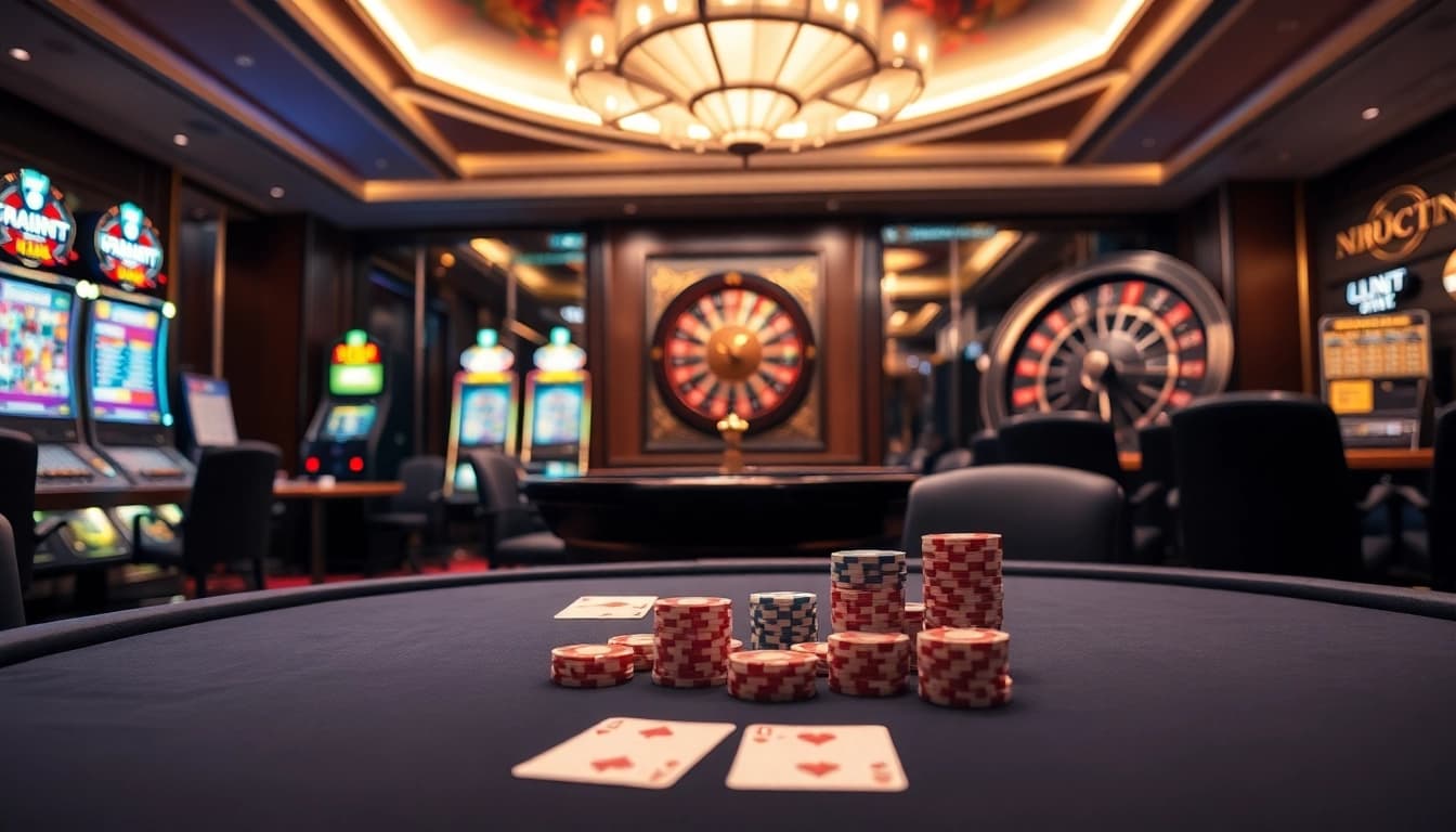 Experience kèo nhà cái 5 excitement with a vibrant casino scene featuring poker chips and roulette.