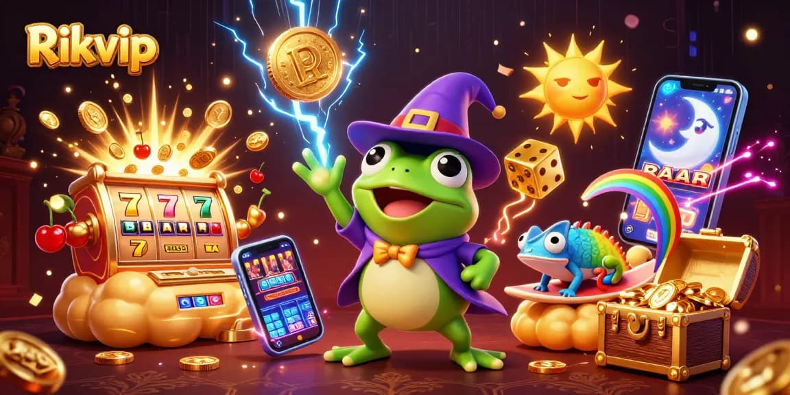 Experience thrilling wins at Rikvip with a vibrant casino atmosphere featuring golden coins and dynamic game elements.