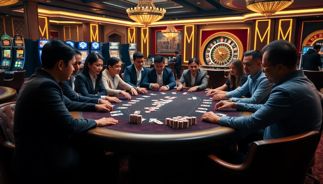Play Dominoqiu surrounded by enthusiastic players and vibrant casino atmosphere.