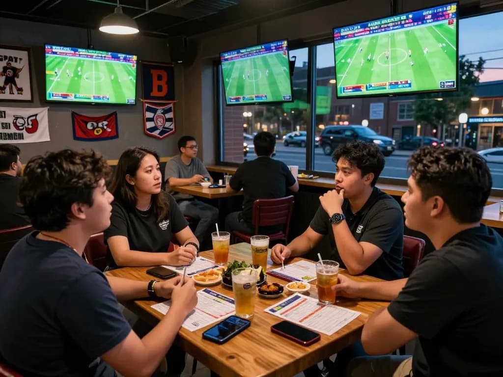 Kèo nhà cái scene showcasing lively patrons in a sports bar, engaged in betting discussions while watching football matches.