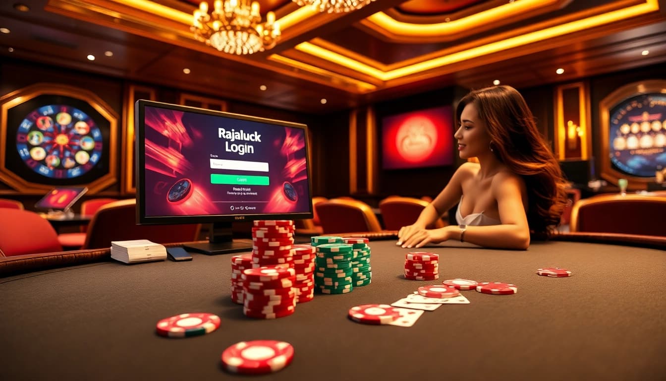 Rajaluck Login interface featured in a luxurious online casino environment with elegant gaming elements.