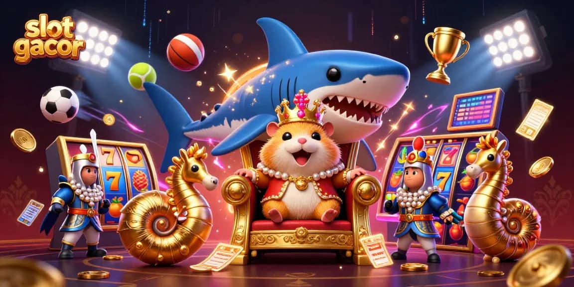 Slot gacor menampilkan raja hamster emas di singgasana gigi hiu, dikelilingi elemen kasino