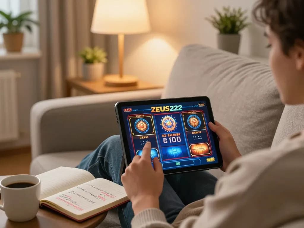 Engaging with ZEUS222 online slots while relaxing at home, showcasing strategy notes and a cozy atmosphere.