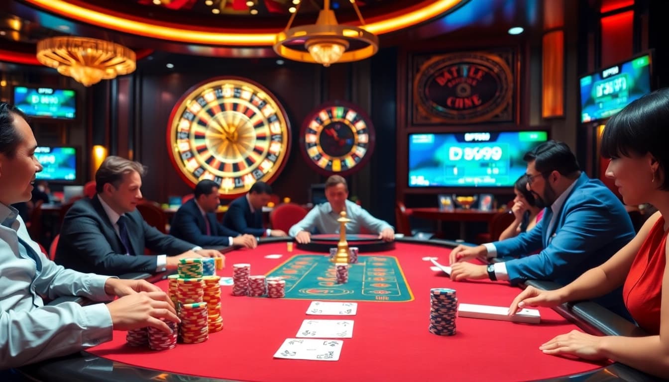 Exciting high-stakes poker game at DF 999 casino, showcasing vibrant chips and roulette.