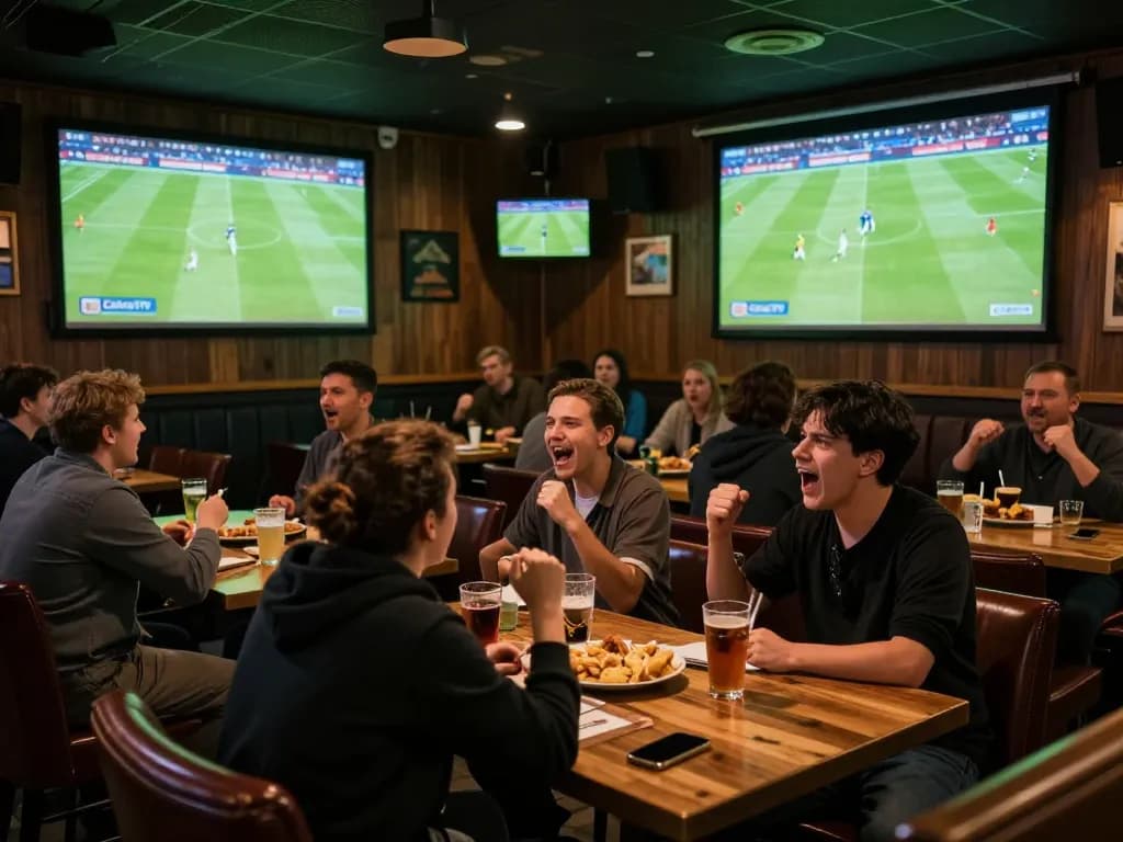 CakhiaTV streams live sports as fans celebrate Premier League goals in a vibrant sports bar.