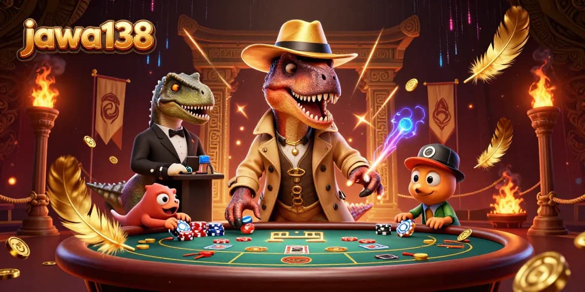 Action-packed scene of a velociraptor at a blackjack table with jawa138 branding, intriguing dynamic gambling atmosphere.
