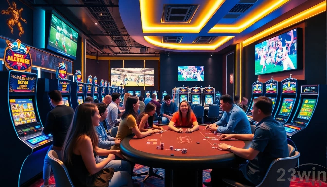 Dynamic gaming atmosphere featuring 23win with players engaged in online betting.