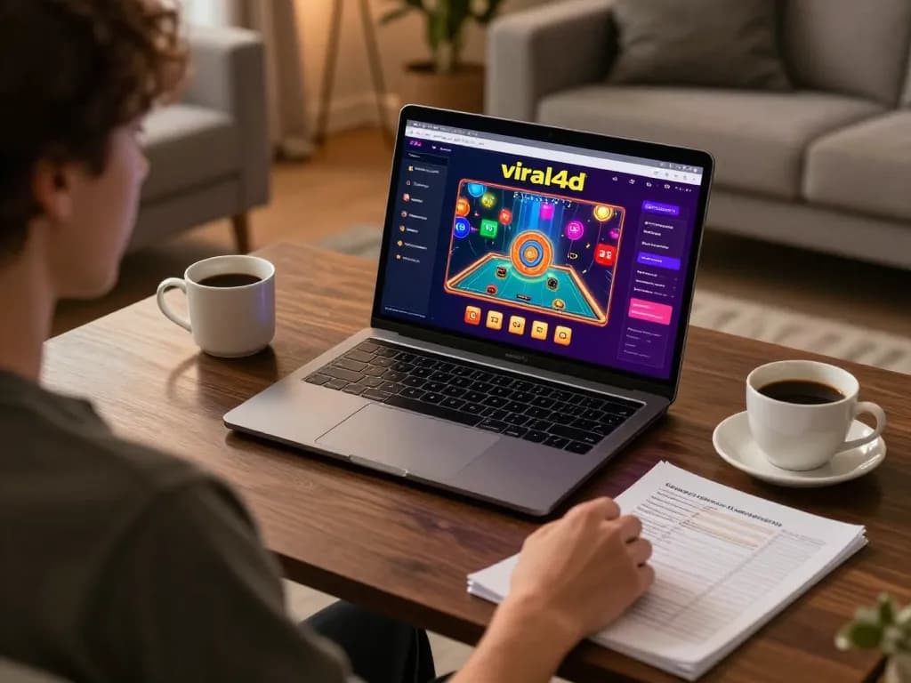 Engage in thrilling online gambling with viral4d on a sleek laptop at home, strategic gameplay noted.