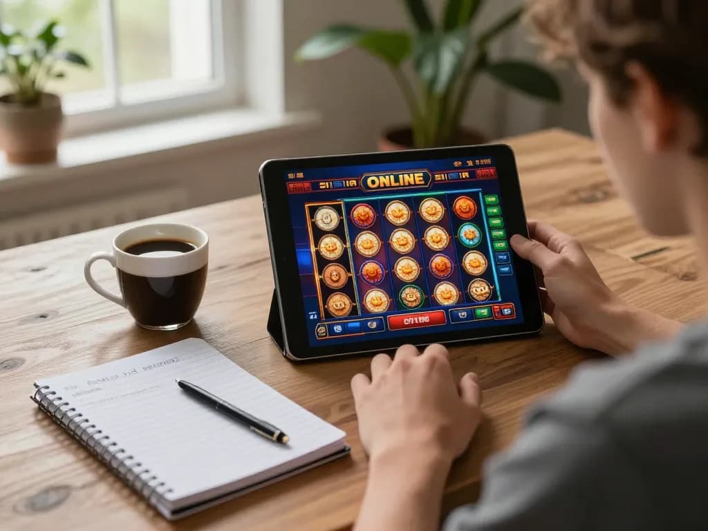 Engaging in Sloot Online gaming at home, with strategic notes and vibrant slot graphics.