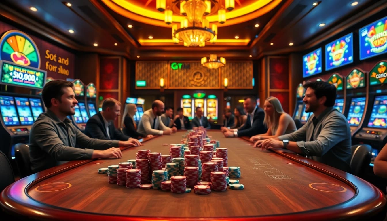 Rasakan sensasi taruhan tinggi di kasino Emastoto dengan meja poker yang berwarna-warni dan mesin slot.