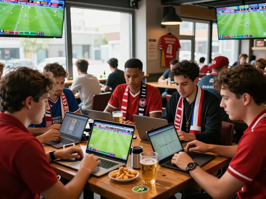Fans studying soi kèo ligue 1 statistics at a sports bar during live matches.