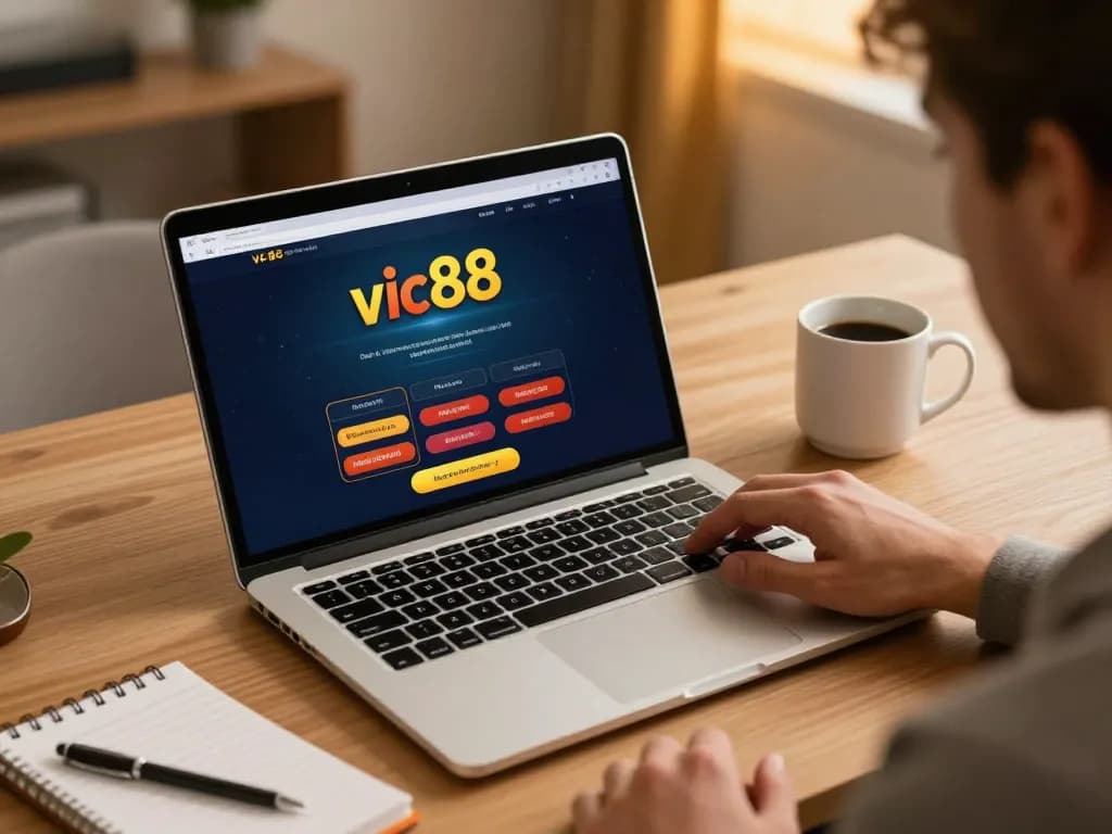 Player strategizing on vic88 with laptop and notebook in cozy home gaming setup.