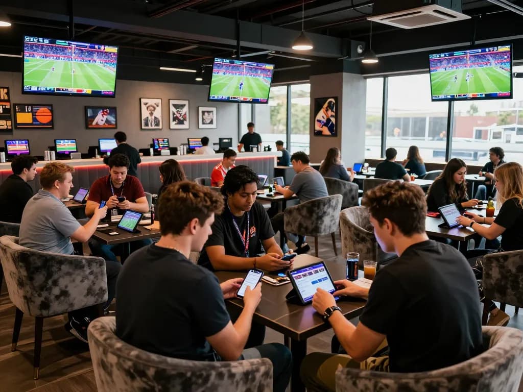 CM88 sports betting enthusiasts engaged in live betting excitement with smartphones and screens in a vibrant lounge