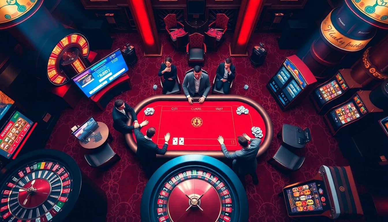 Experience high-stakes gaming at Nohu90 with engaging roulette and poker scenes.