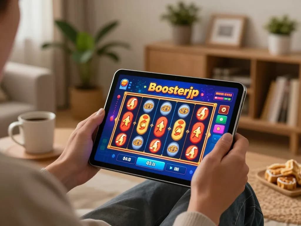Player enjoying online slots on boosterjp in a cozy living room, capturing the essence of responsible gaming