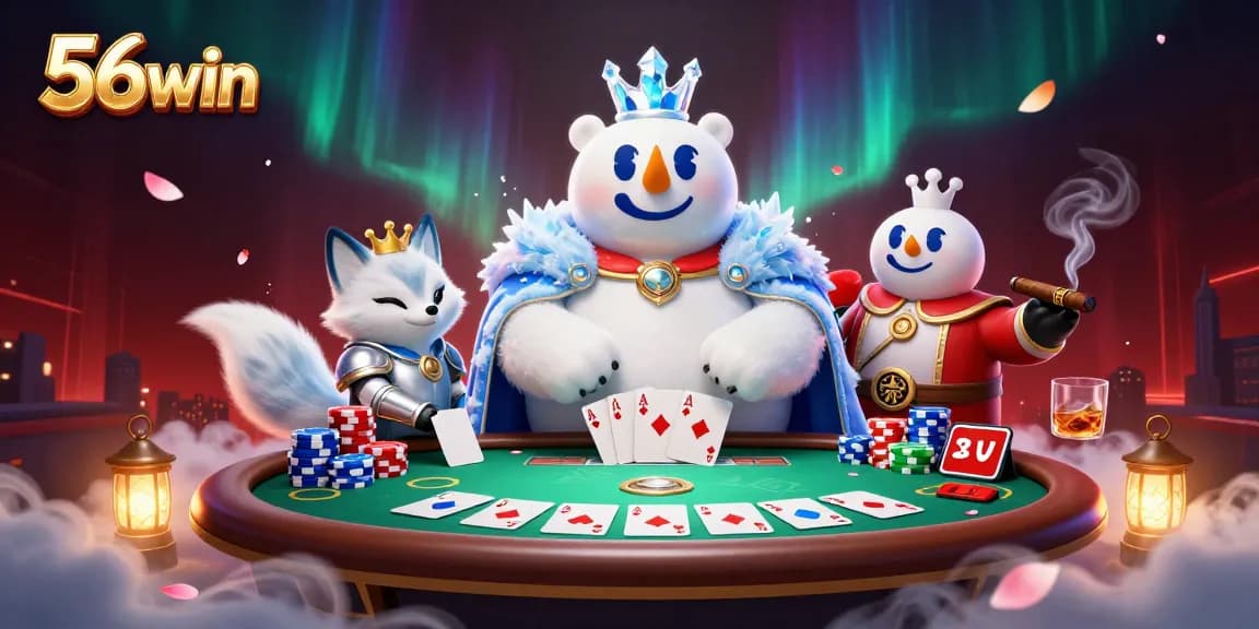 Experience thrilling poker action at 56win with a dynamic casino scene featuring an ice king and fox warrior.