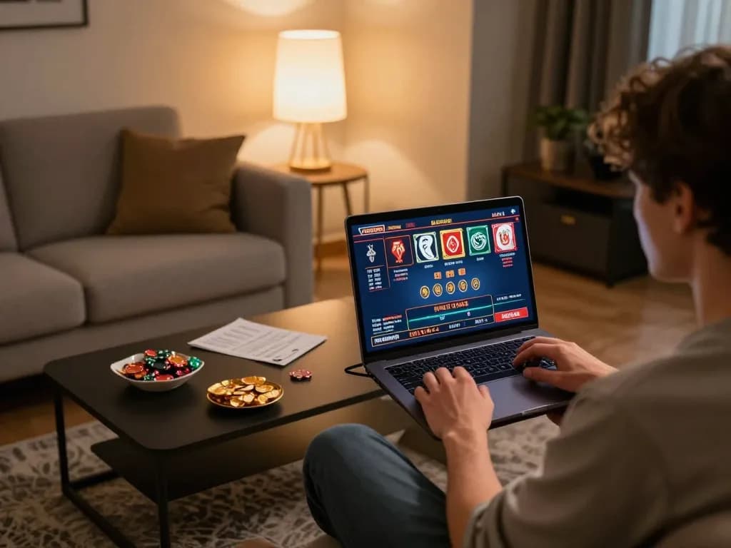 Kuwin online gaming experience with player interacting on their laptop and cozy home ambiance.