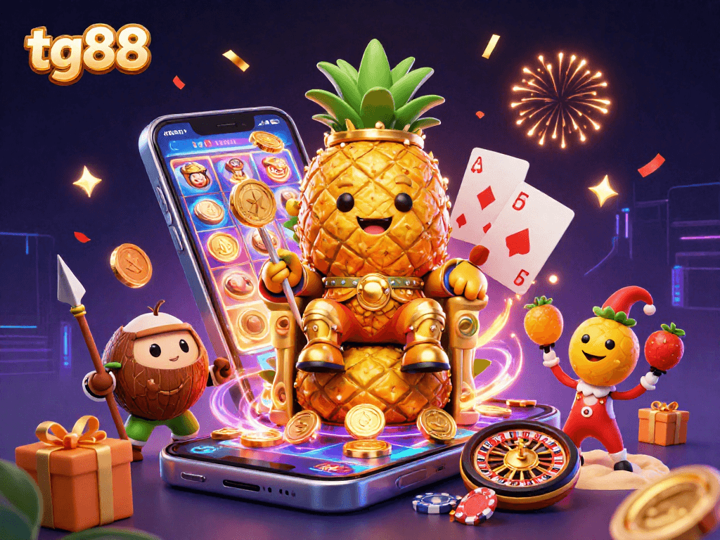 Experience excitement at tg88 with a golden pineapple king and carnival vibes amid vibrant casino games.