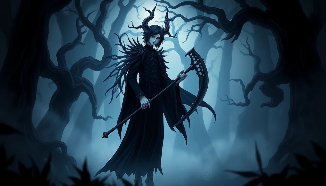 Shinigami figur berdiri angkuh di hutan mistis, dikelilingi oleh kabut misterius.