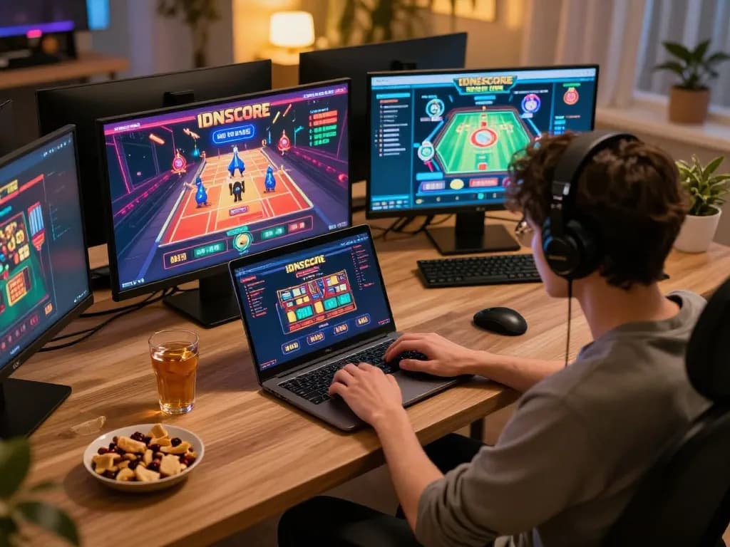 IDNSCORE online casino gaming experience with a player focused on their laptop and snacks nearby