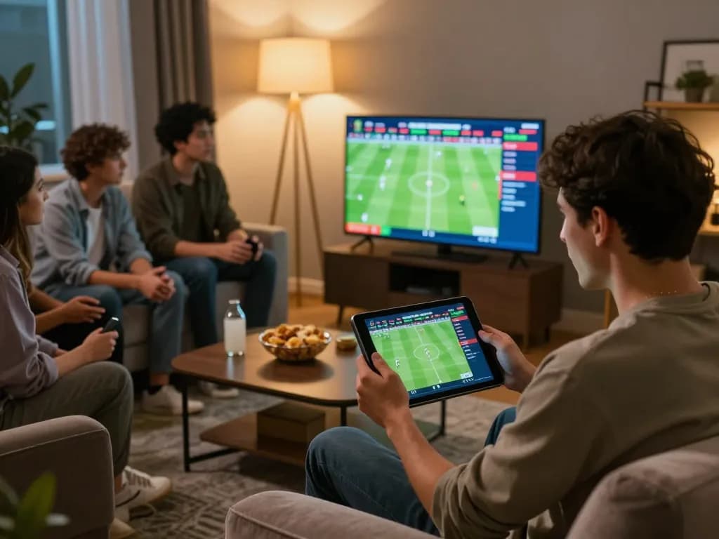 Excited bettor using tablet for nhà cái u888 sports betting with friends in cozy living room.